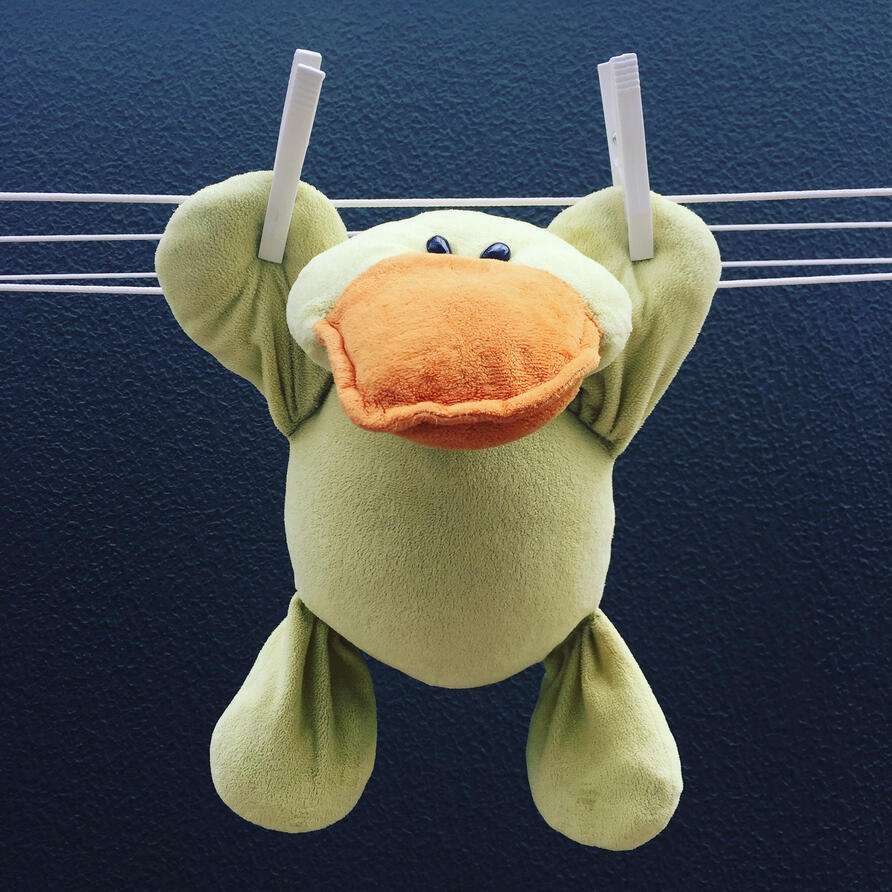 Foto de um pato de pelúcia amarelo pendurado num varal